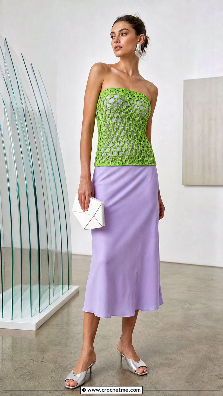 Open Weave Crochet Tube Top Over A Slip Dress - 35 crochet tube top outfit ideas