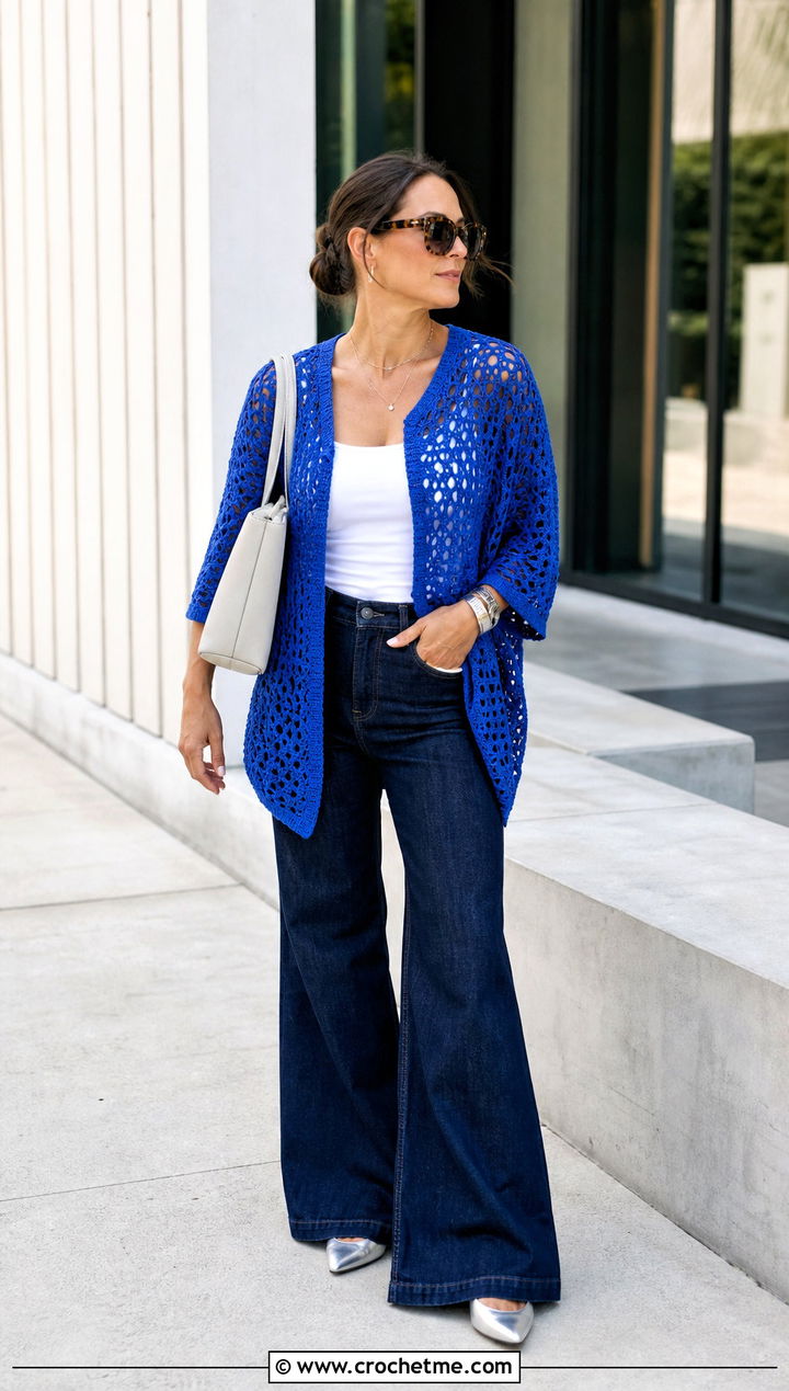 Open Weave Crochet Tunic With Wide Leg Jeans - 15 Crochet Tunics For Women outfit ideas