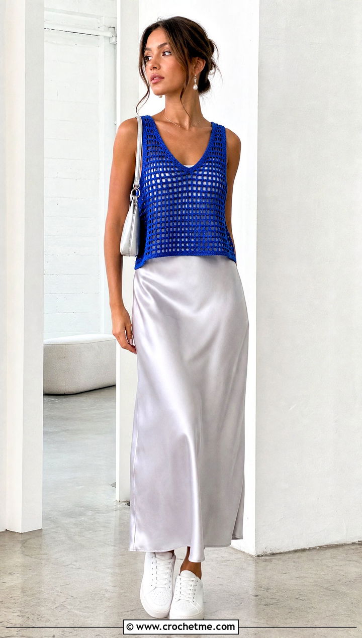 Open Weave Crochet V Neck Tank Top With Slip Dress - 25 crochet v neck tank top outfit ideas