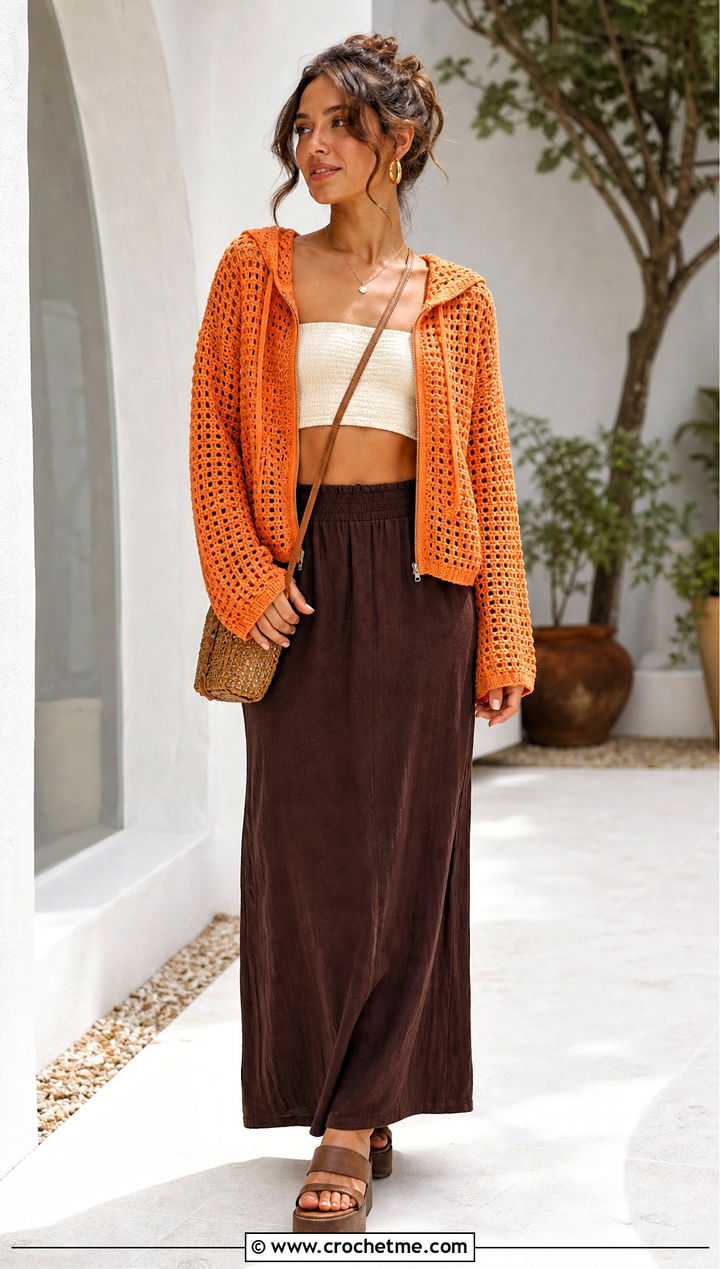 Open Weave Crochet Zip Up Hoodie With Maxi Skirt - 30 crochet zip up hoodie outfit ideas