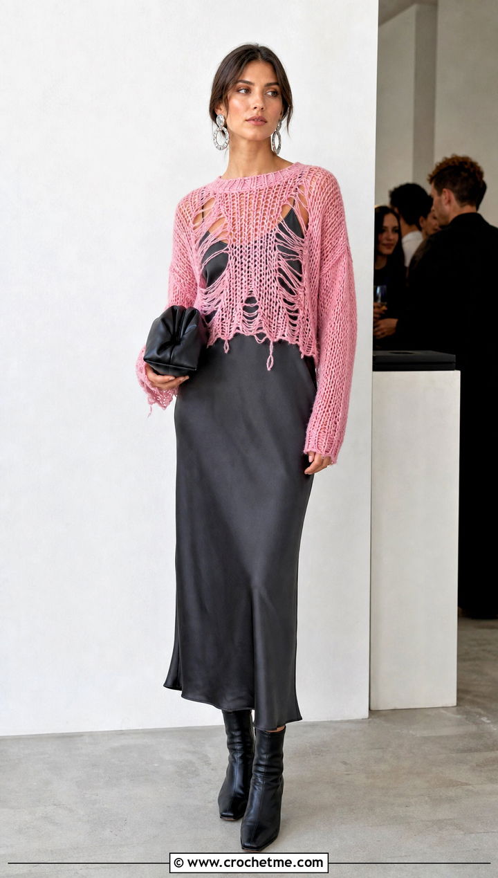 Open Weave Distressed Crochet Sweater Over A Slip Dress - 35 distressed crochet sweater outfit ideas