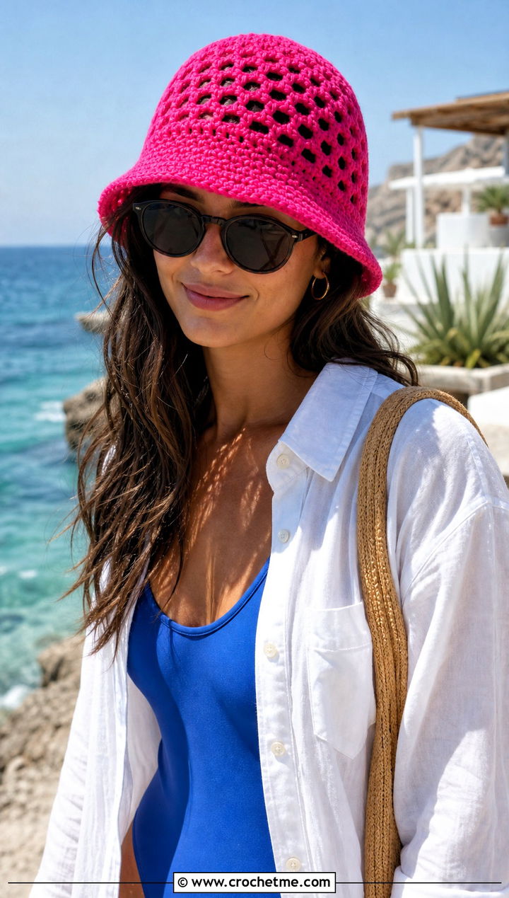 Open Weave Double Crochet Hat With Beach Shirt - 30 double crochet hat outfit ideas