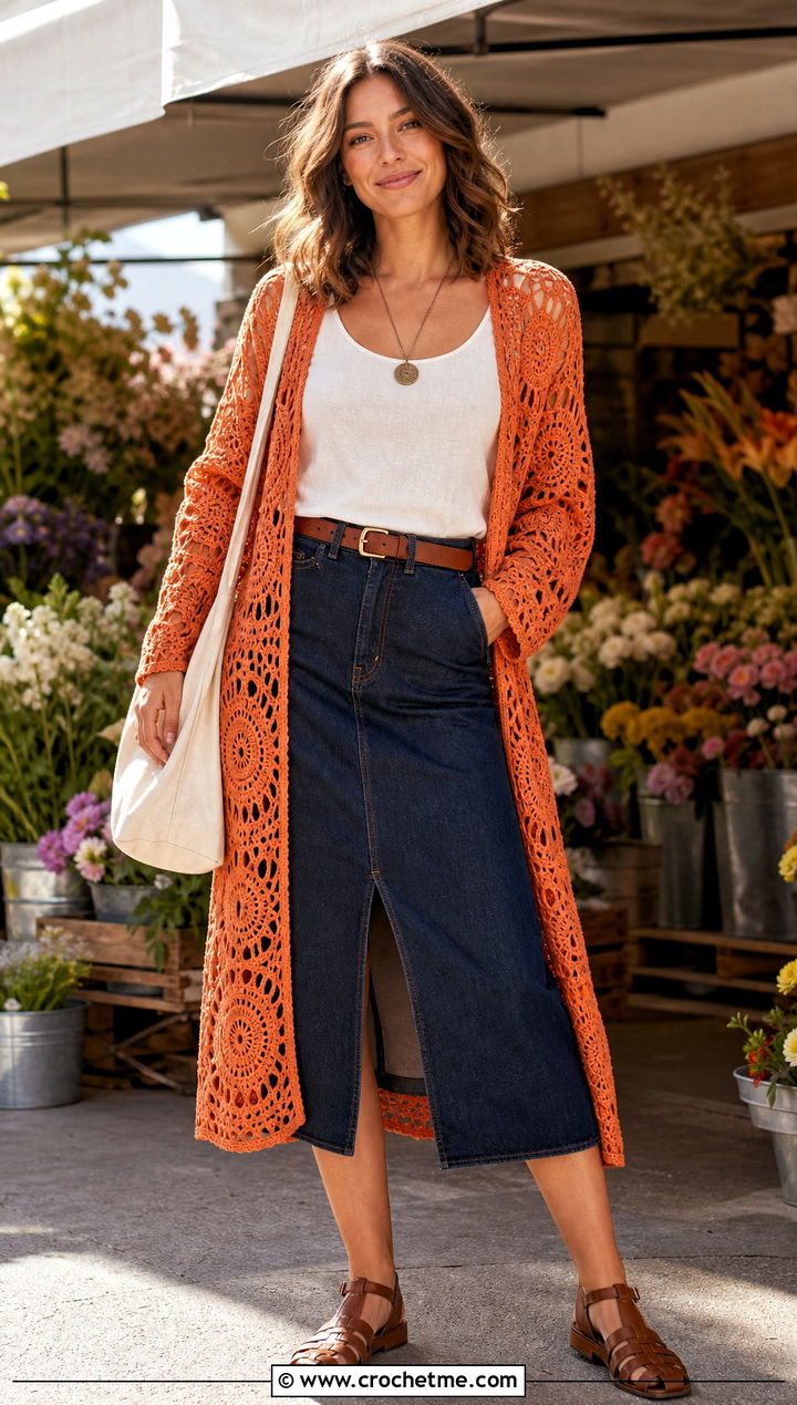Open Weave Dream Catcher Cardigan With Denim Midi Skirt - 25 dream catcher crochet cardigan outfit ideas