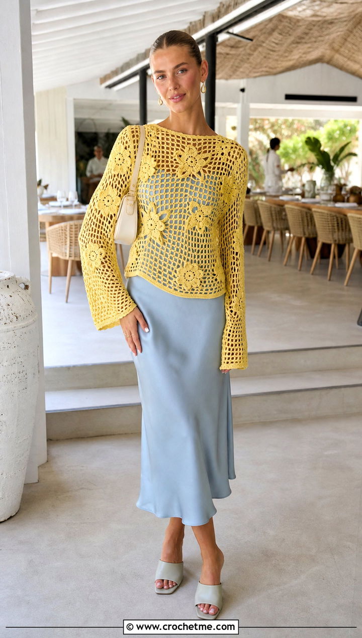 Open Weave Flower Sweater Over A Slip Dress - 15 floral crochet sweater style outfit ideas