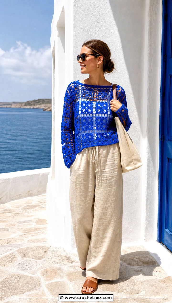Open Weave Granny Square Crochet Long Sleeve Top With Linen Pants - 25 Granny Square Crochet Long Sleeve Top outfit ideas