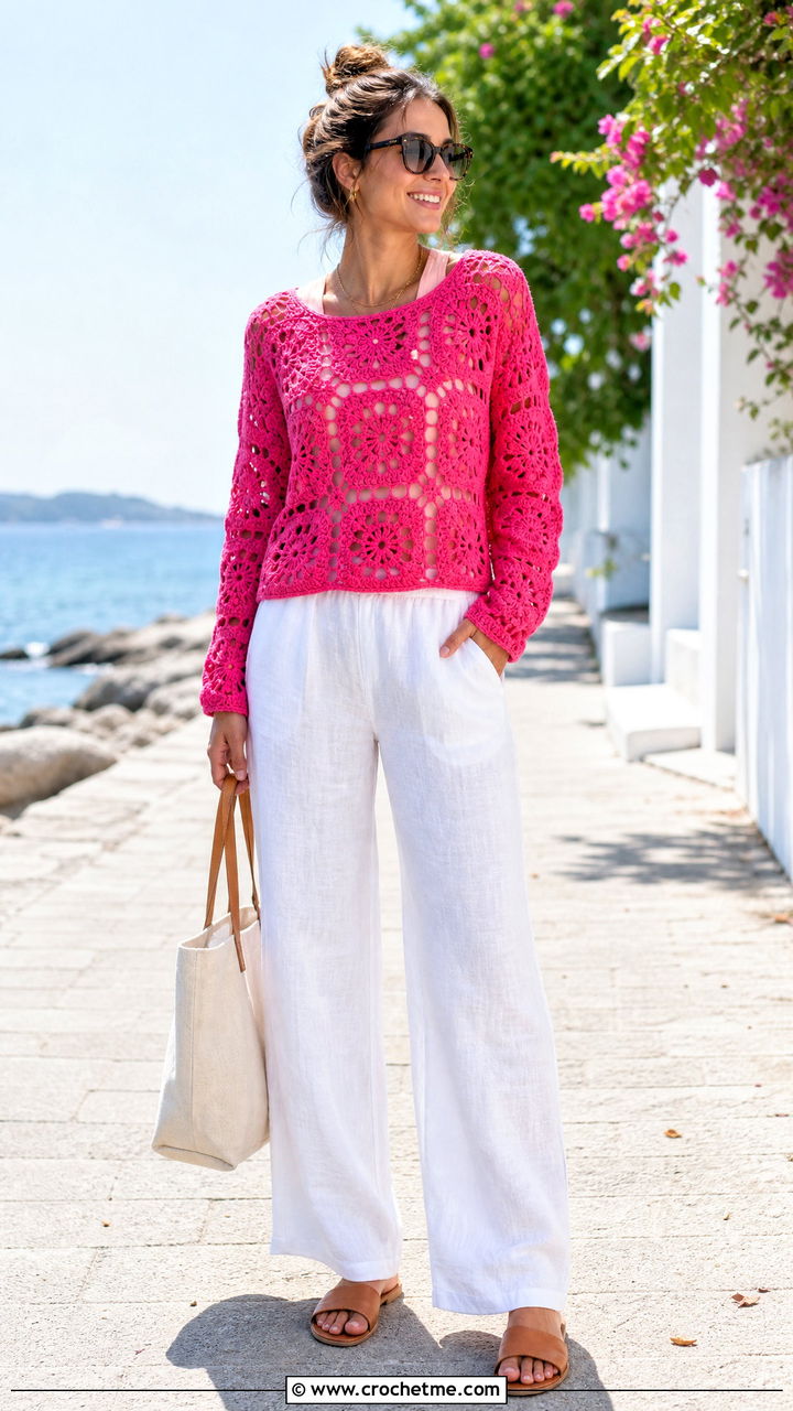 Open Weave Granny Square Sweater With Linen Pants - 35 crochet granny square sweater outfit ideas