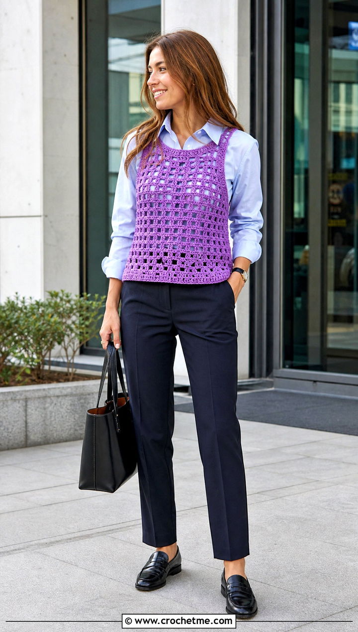 Open Weave Granny Tank Top Over A Button Down Shirt - 25 crochet granny tank top outfit ideas