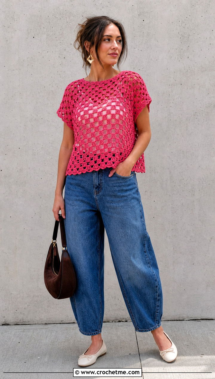 Open Weave Maria Crochet Top With Barrel Jeans - 20 maria crochet top outfit ideas