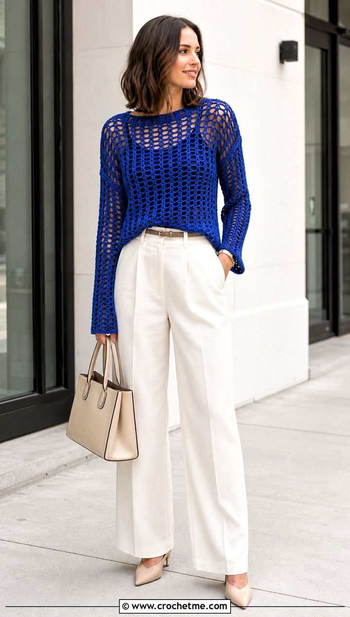 Open Weave Mesh Designer Crochet Sweater With Wide Leg Trousers - 15 Designer Crochet Sweater outfit ideas