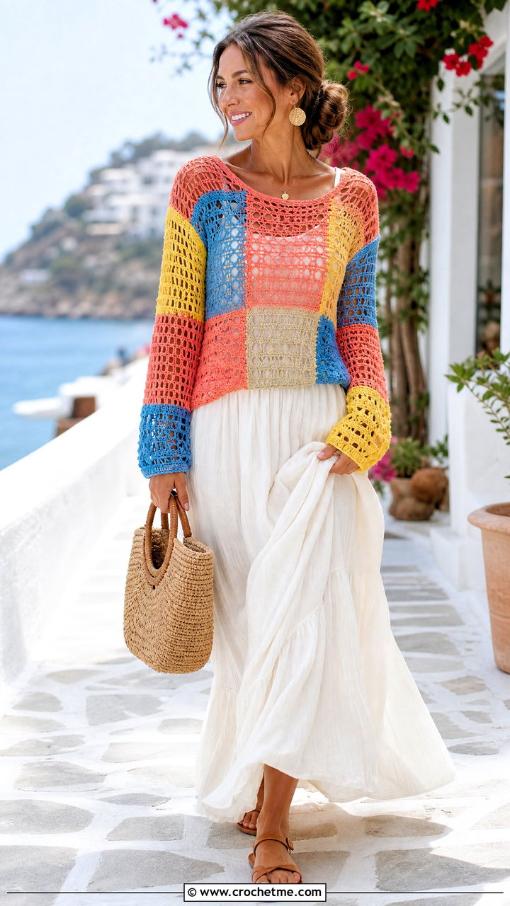 Open Weave Patchwork Crochet Sweater With Maxi Skirt - 35 patchwork crochet sweater outfit ideas