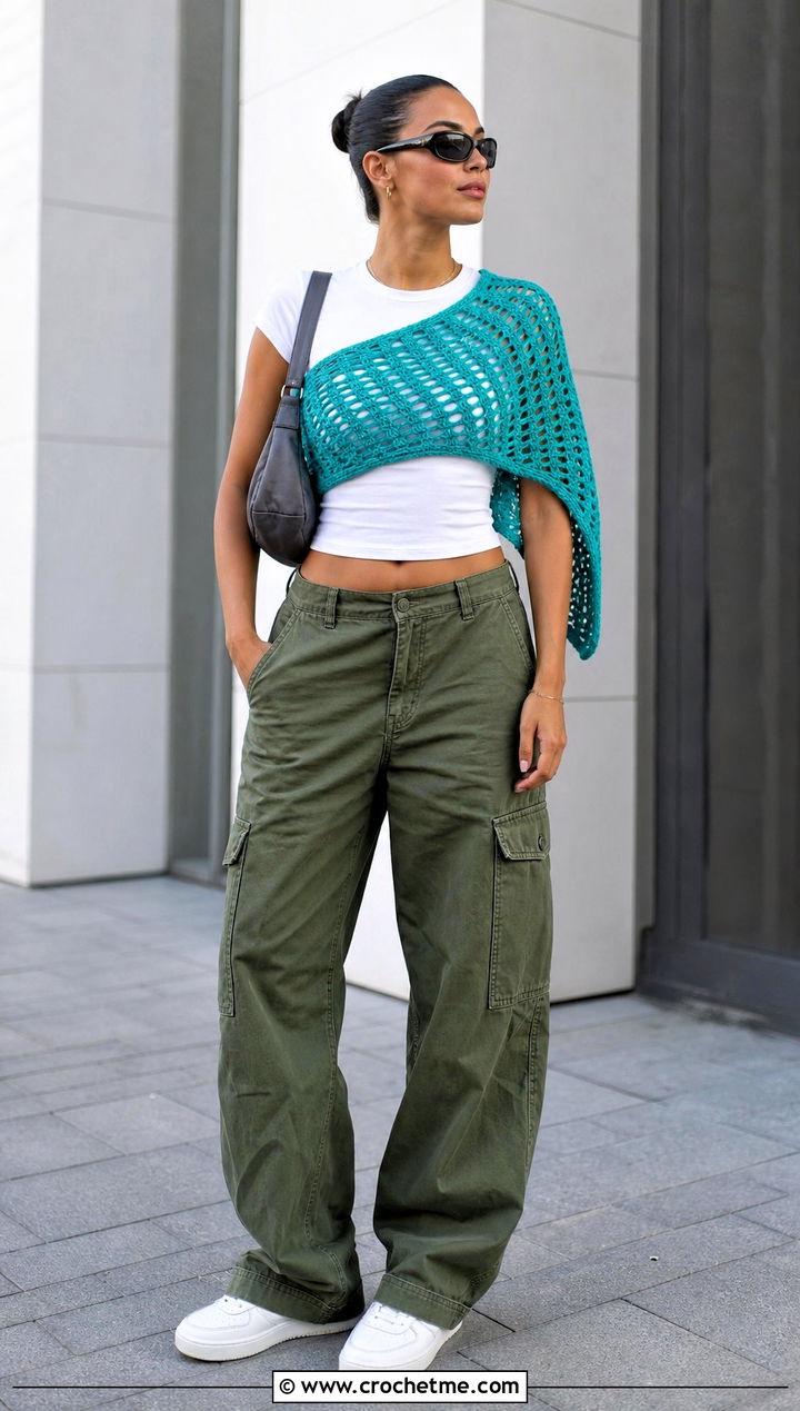 Open Weave Rectangle Crochet Wrap With Cargo Pants - 20 Rectangle Crochet Wrap outfit ideas