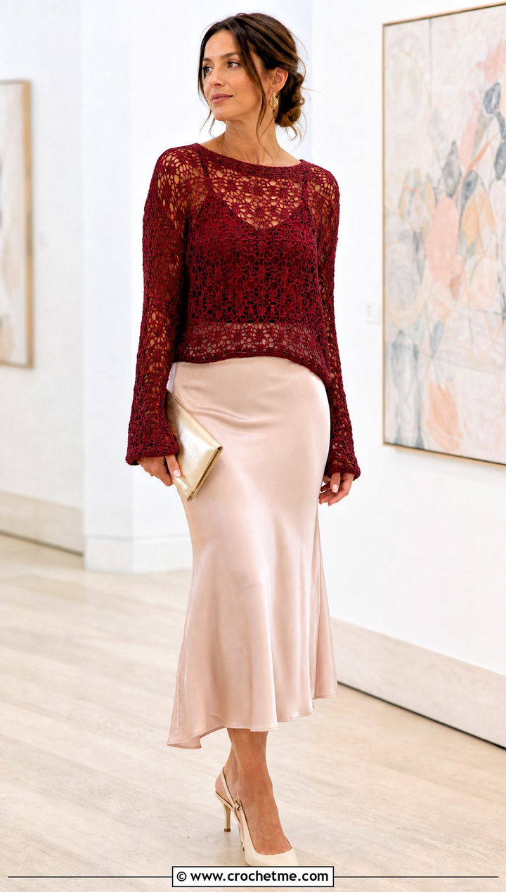Open Weave Rustic Red Crochet Sweater With Satin Midi Skirt - 15 rustic red crochet sweater outfit ideas