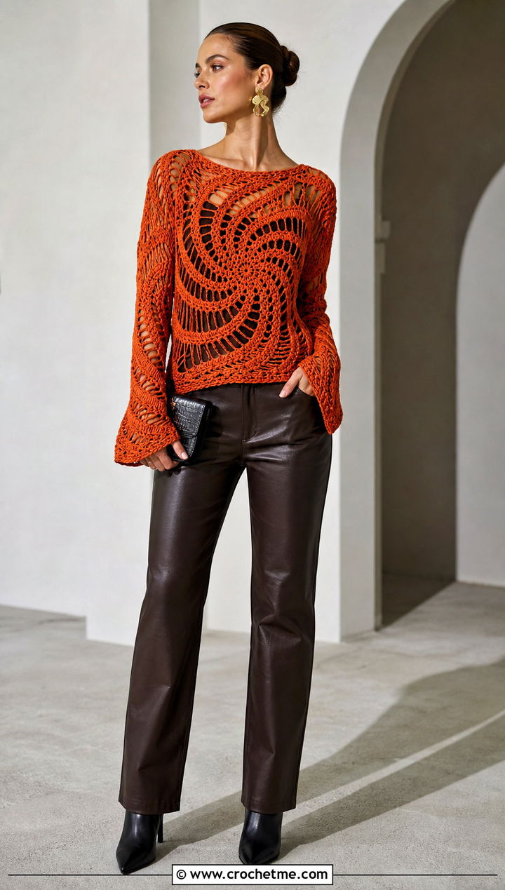 Open Weave Swirl Crochet Sweater With Leather Pants - 25 swirl crochet sweater outfit ideas