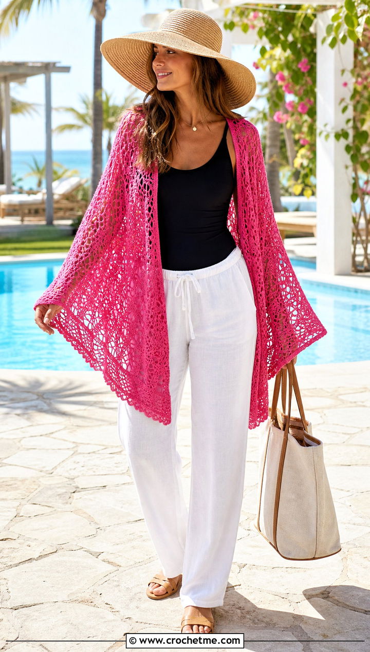Openwork Bat Wing Crochet Shawl With Swimsuit And Linen Pants - 25 bat wing crochet shawl outfit ideas