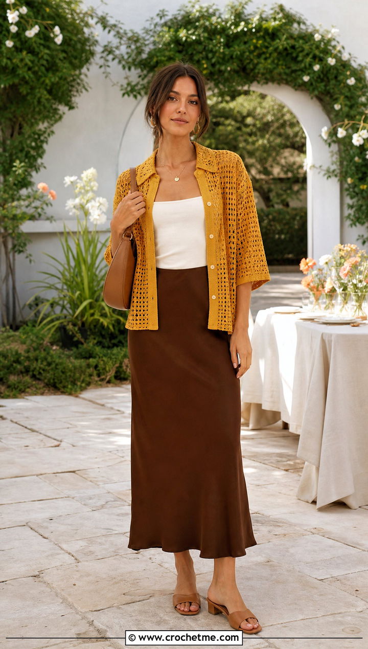 Openwork Bode Crochet Shirt With Bias Cut Midi Skirt - 20 Bode Crochet Shirt outfit ideas