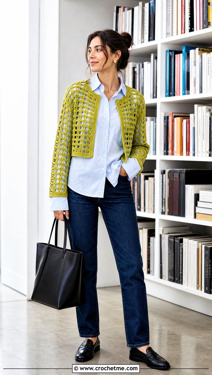 Openwork Bolero With Button Down Shirt - 35 crocheted bolero outfit ideas