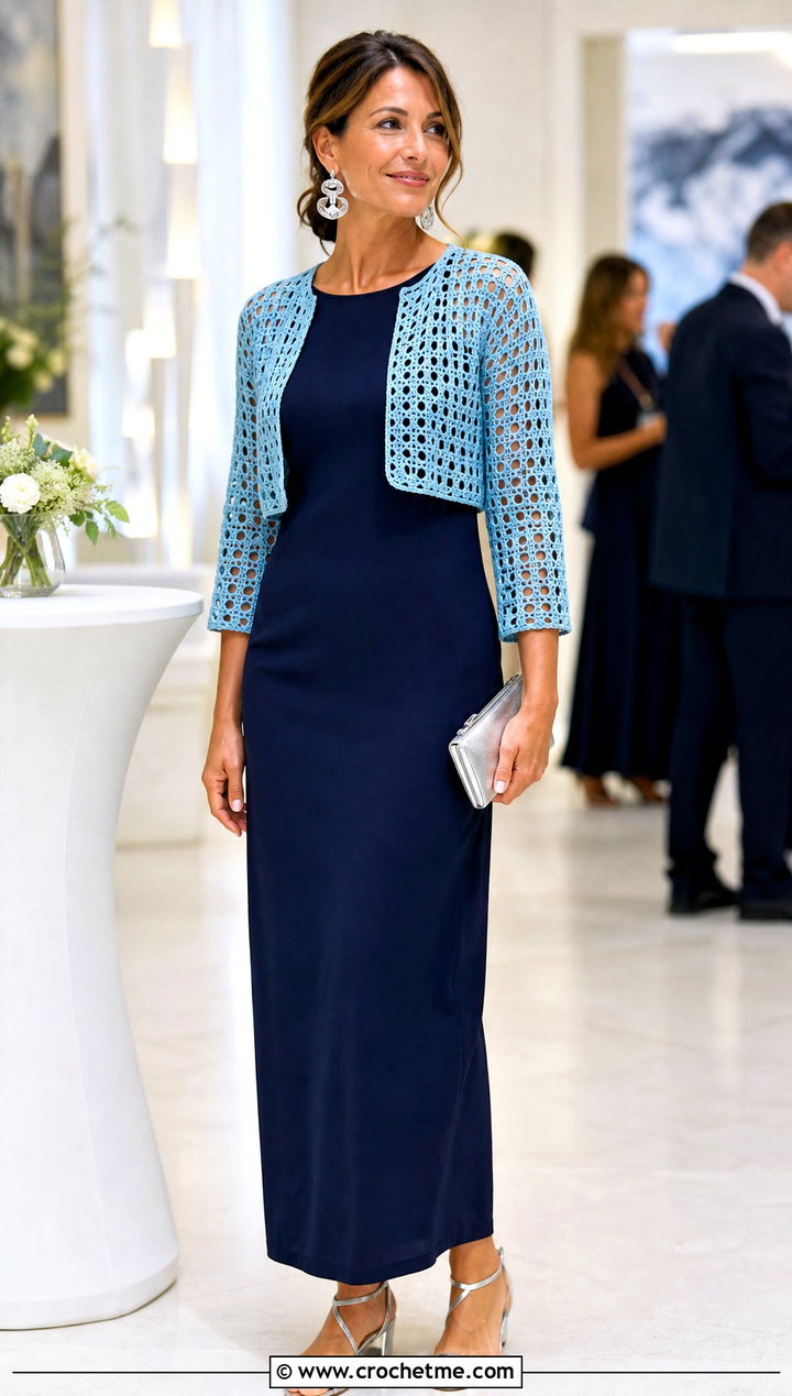Openwork Bolero With Column Maxi Dress - 25 crochet shrugs and boleros outfit ideas