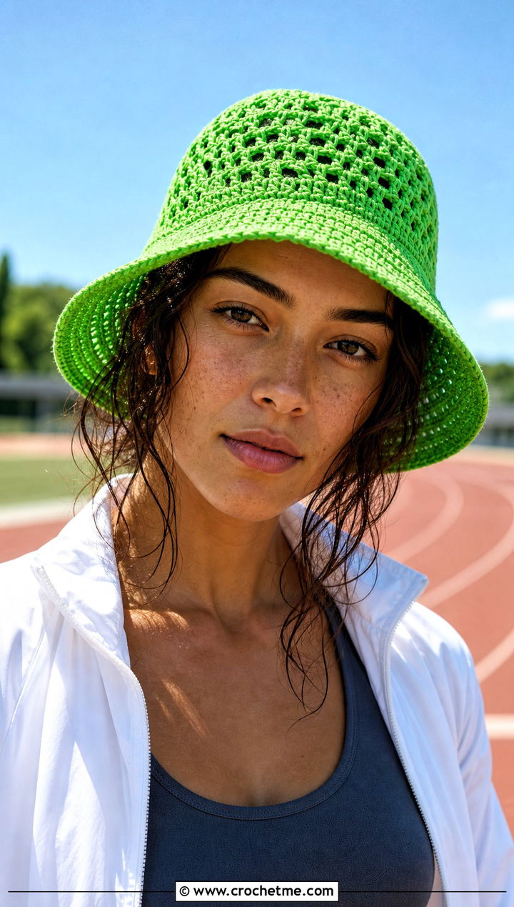 Openwork Bucket Hat With Athleisure Set - 25 crochet net hat outfit ideas