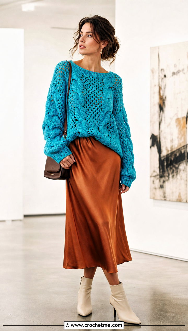 Openwork Cable Crochet Sweater Over A Slip Dress - 25 Cable Knit Crochet Sweater outfit ideas