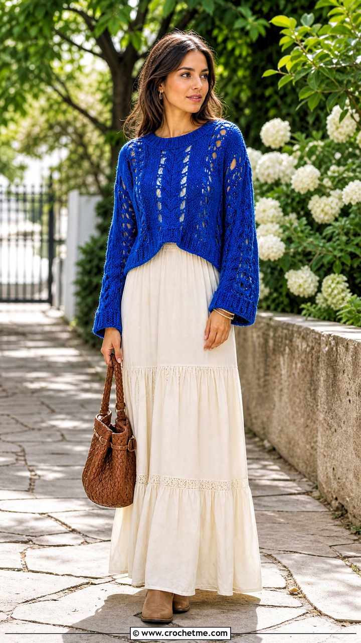 Openwork Cable Sweater With Maxi Dress - 35 crochet cable sweater outfit ideas