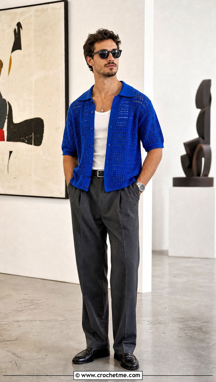 Openwork Camp Collar Crochet Shirt With Pleated Trousers - 15 Mens Crochet Collared Shirt outfit ideas