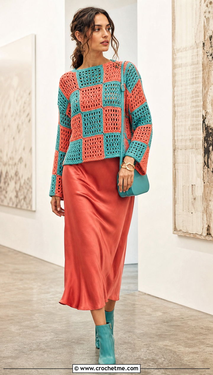 Openwork Checkered Sweater Over A Slip Dress - 30 crochet checkered sweater outfit ideas