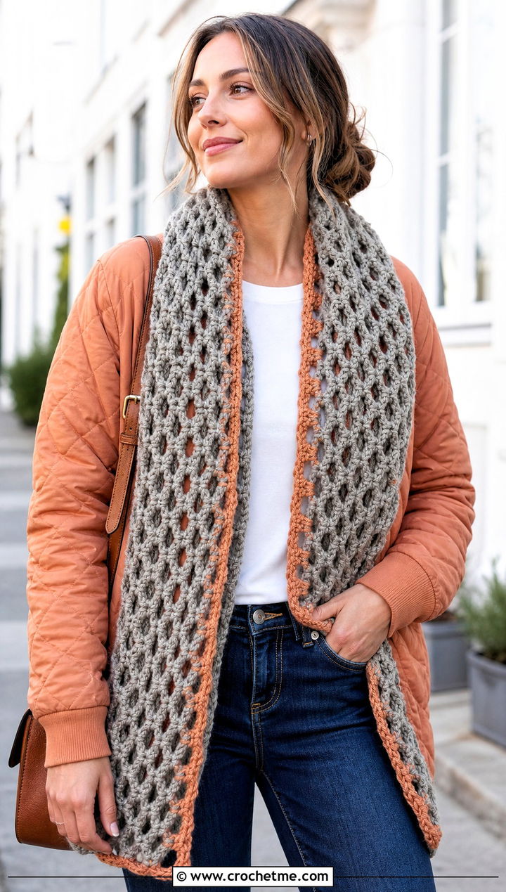 Openwork Chunky Gray Crochet Scarf With Quilted Jacket And Wide Leg Jeans - 15 Chunky Gray Crochet Scarf outfit ideas