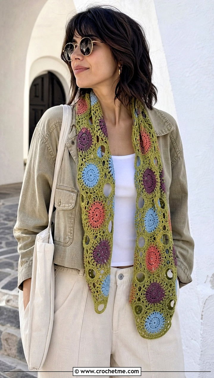 Openwork Circle Crochet Scarf With Utility Jacket And Wide Leg Pants - 15 crochet scarf with colorful circles outfit ideas