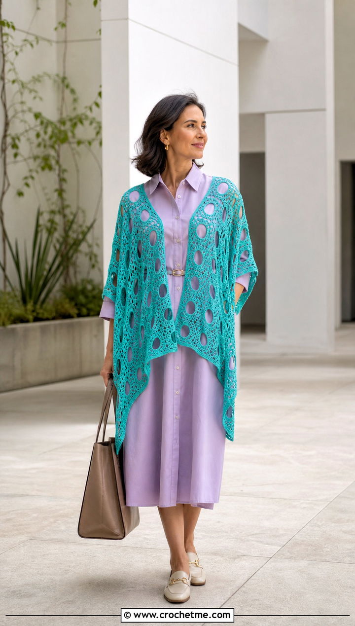 Openwork Circle Poncho With Shirt Dress - 25 Crochet Circle Poncho outfit ideas