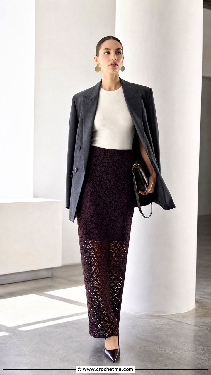 Openwork Column Crochet Maxi Skirt With Oversized Blazer - 35 crochet flowy skirt outfit ideas