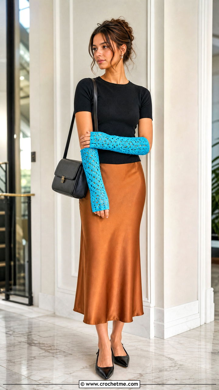 Openwork Crochet Arm Warmers With Satin Skirt - 35 crochet arm warmers outfit ideas