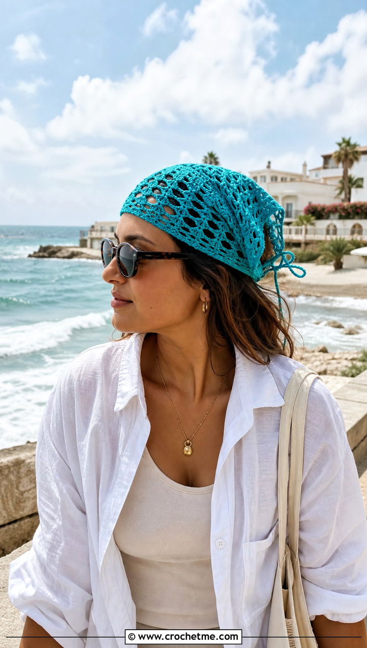 Openwork Crochet Bandana With Beach Linen Set - 25 crochet bandana hair scarf outfit ideas
