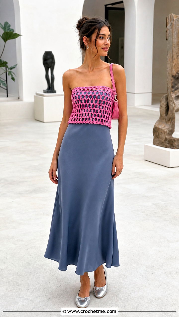 Openwork Crochet Bandeau Top With Slip Dress - 35 strapless crochet top outfit ideas