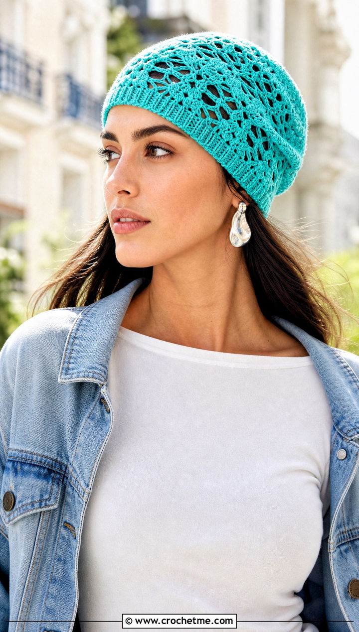 Openwork Crochet Beanie With Fitted Top And Capri Pants - 15 Easy Crochet Beanies For Beginners outfit ideas
