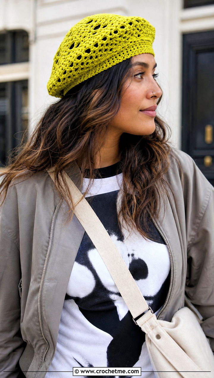 Openwork Crochet Beret With Graphic T Shirt - 20 crochet beret hat outfit ideas