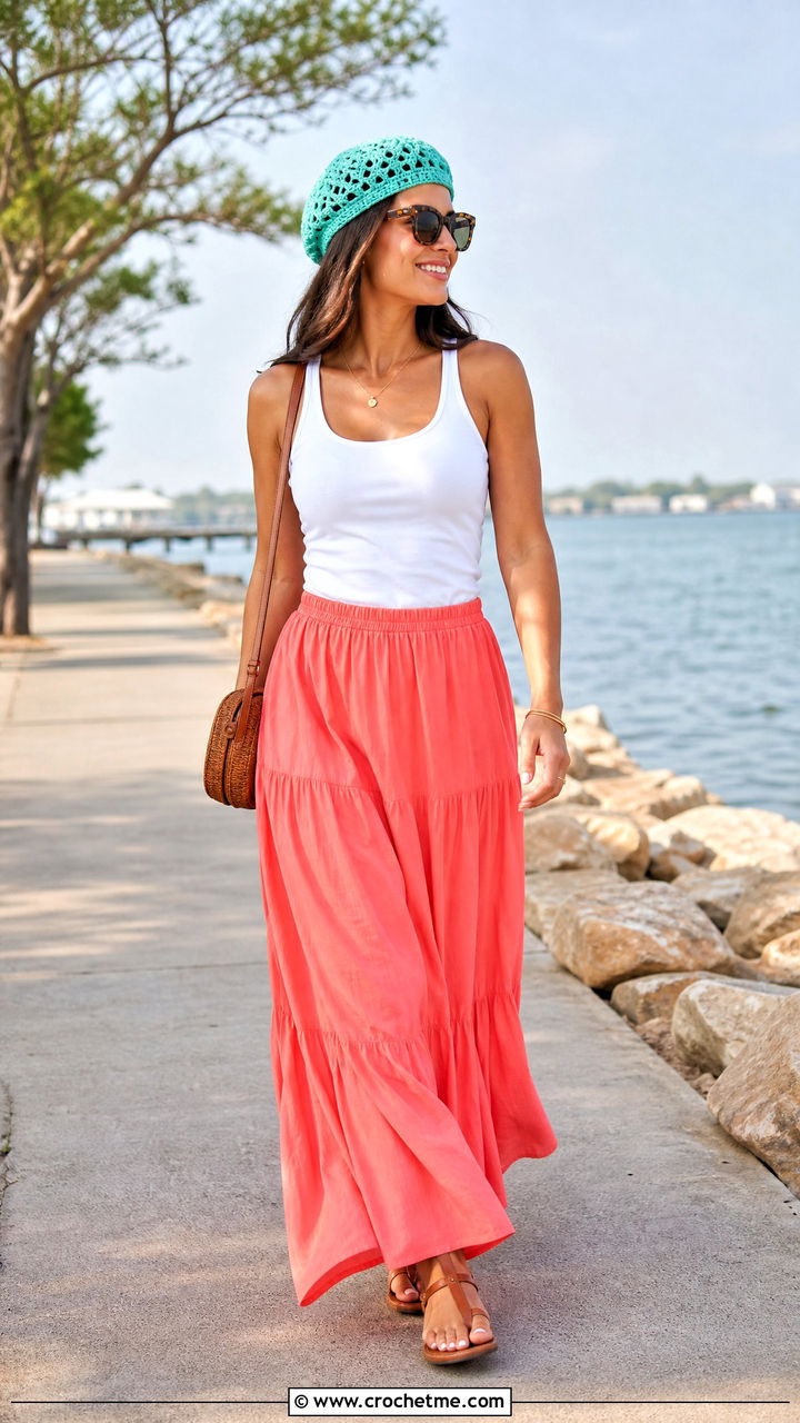 Openwork Crochet Beret With Tank Top And Maxi Skirt - 35 crochet beret outfit ideas