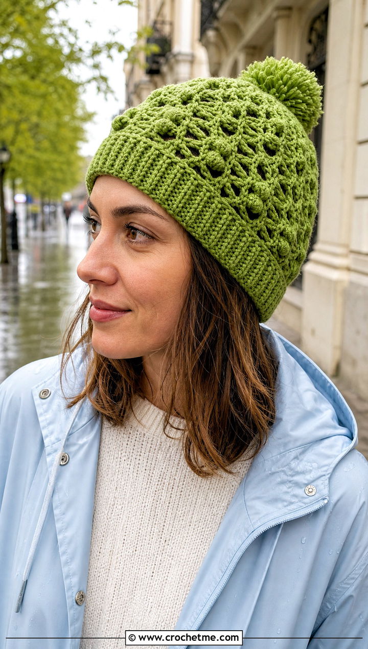 Openwork Crochet Bobble Hat With Raincoat - 30 crochet bobble hat outfit ideas