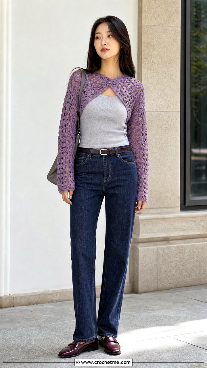 Openwork Crochet Bolero Shrug With Matching Vest And Jeans - 35 crochet bolero shrug outfit ideas