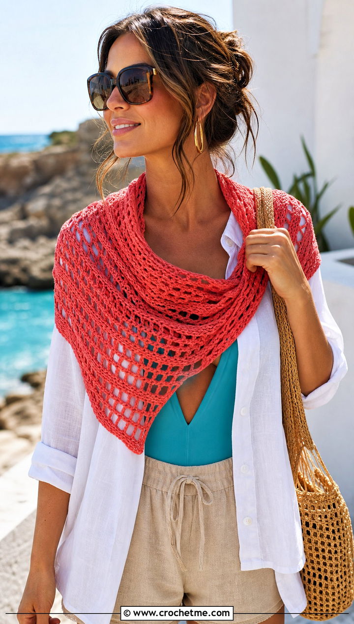 Openwork Crochet Boomerang Scarf With Beach Outfit - 15 Crochet Boomerang Scarf outfit ideas