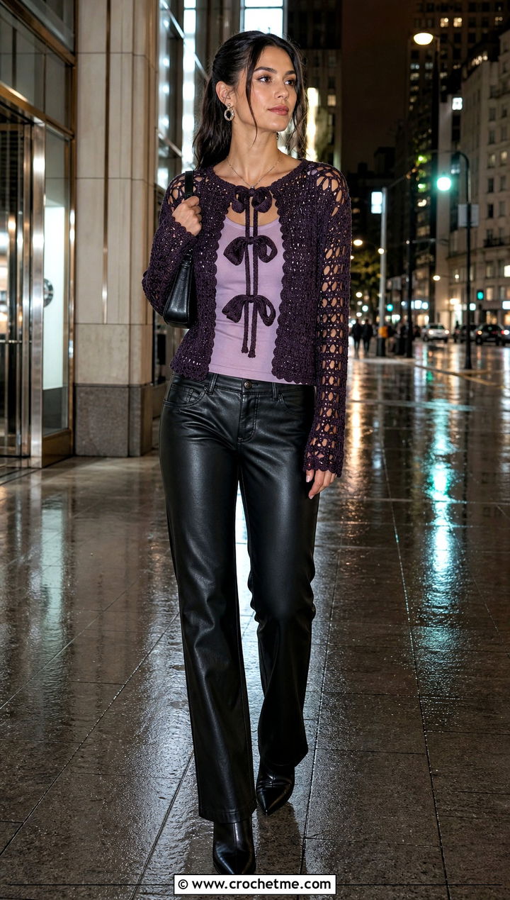 Openwork Crochet Bow Cardigan Top With Leather Pants - 25 crochet bow top outfit ideas