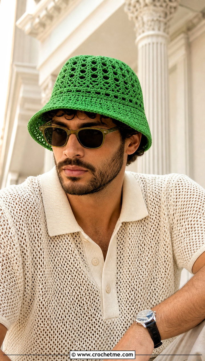 Openwork Crochet Bucket Hat With Knit Polo And Pleated Pants - 15 men's crochet bucket hat outfit ideas