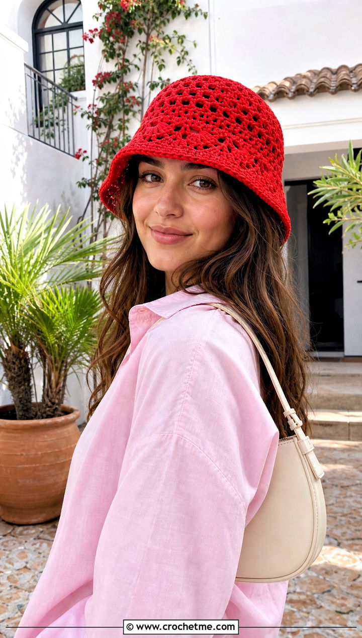 Openwork Crochet Bucket Hat With Matching Separates - 25 crocheting bucket hat outfit ideas