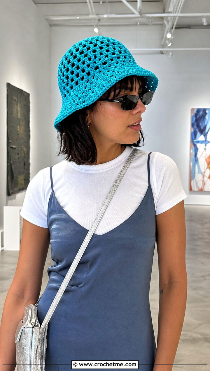 Openwork Crochet Bucket Hat With Slip Dress And Sneakers - 30 beginner crochet hat outfit ideas