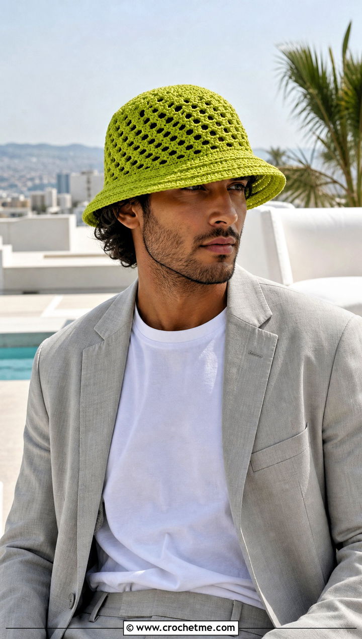 Openwork Crochet Bucket Hat With Summer Suit And Sneakers - 30 crochet bucket hat men outfit ideas