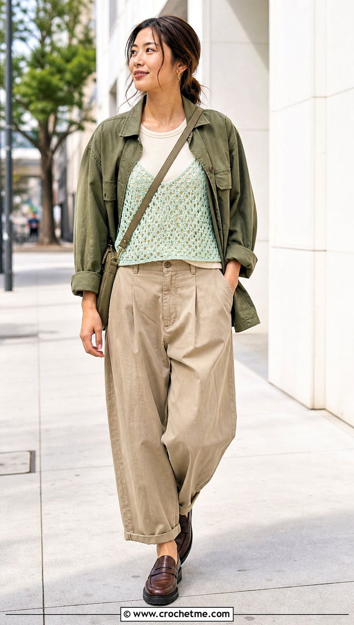 Openwork Crochet Cami With Utility Jacket And Barrel Pants - 25 Crochet Cami outfit ideas