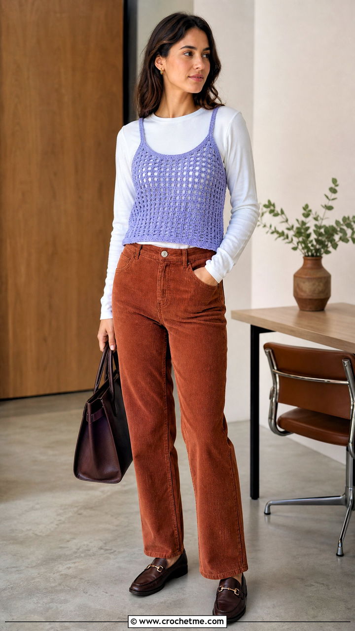 Openwork Crochet Camisole With Corduroy Pants - 35 crochet camisole outfit ideas