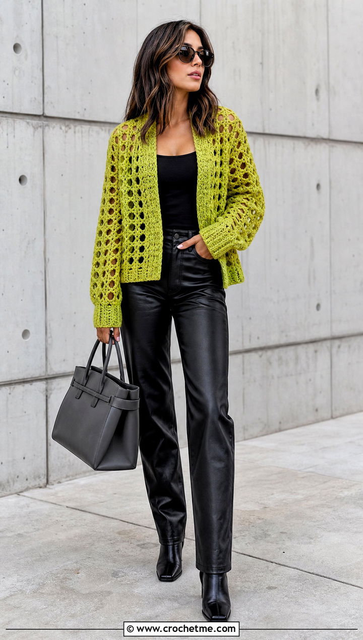 Openwork Crochet Cardigan With Leather Pants - 35 fall crochet cardigan outfit ideas