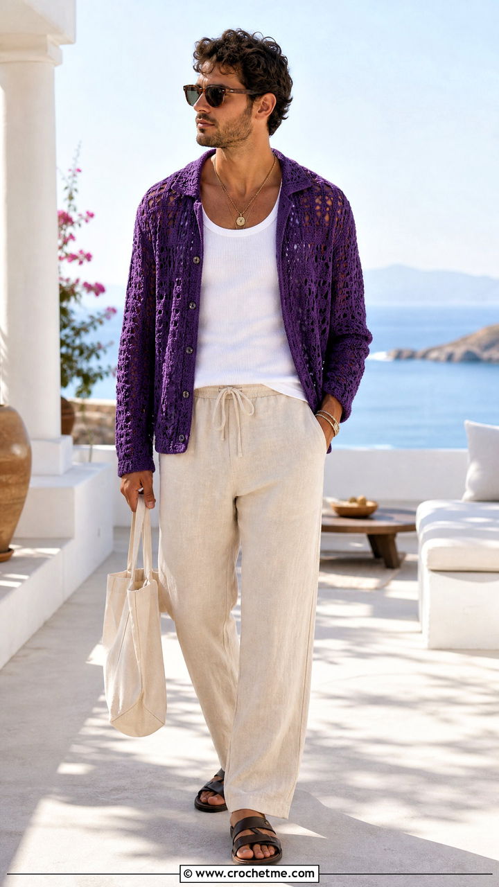 Openwork Crochet Cardigan With Linen Pants - 35 crochet cardigan men outfit ideas