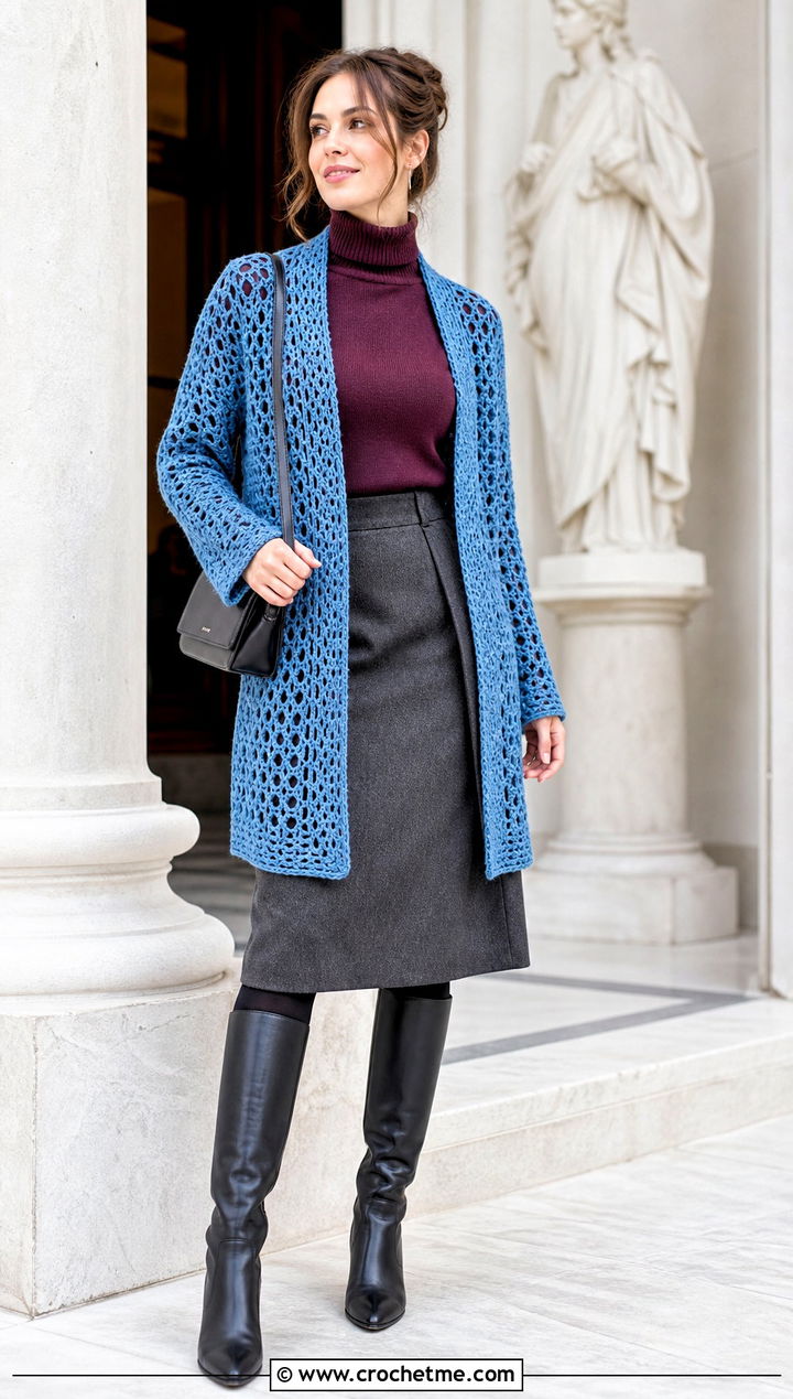 Openwork Crochet Cardigan With Turtleneck And Midi Skirt - 25 kawaii crochet cardigan outfit ideas