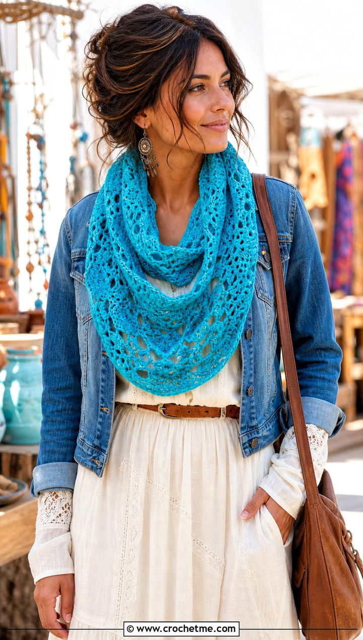 Openwork Crochet Circle Scarf With Maxi Dress - 20 Crochet Loop Scarf outfit ideas